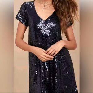 Lulus Light Up the Night Navy Blue Sequin Shift Dress Short Sleeve Party
Large